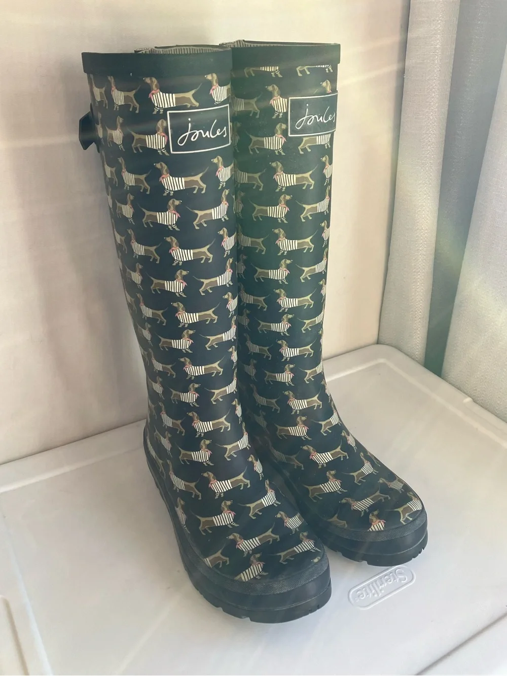 Joules Black tan Dachshund Weiner Dog Print Tall Rain Boots Wellies women’s 7